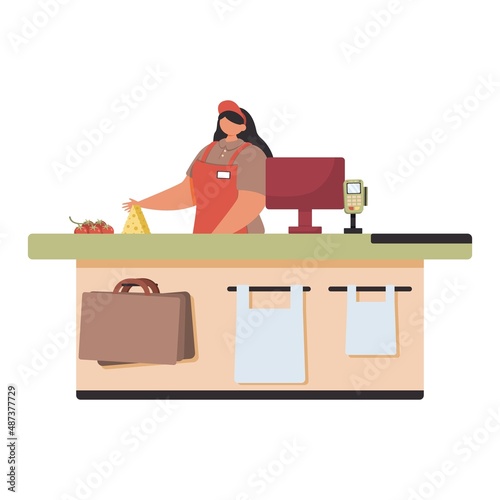 Cute saleswoman is standing behind the cash register.