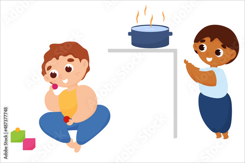 Children in dangerous situations, children swallowing small toys and spilling boiling water