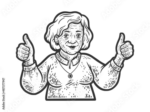 Old granny with thumbs up sketch engraving vector illustration. T-shirt apparel print design. Scratch board imitation. Black and white hand drawn image.