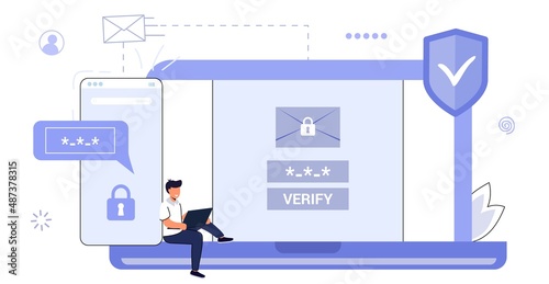 2fa Two factor authentication password secure notice login verification code Notice with code fo sign in Two steps factor verification via laptop and phone Mobile OTP method Vector flat illustration