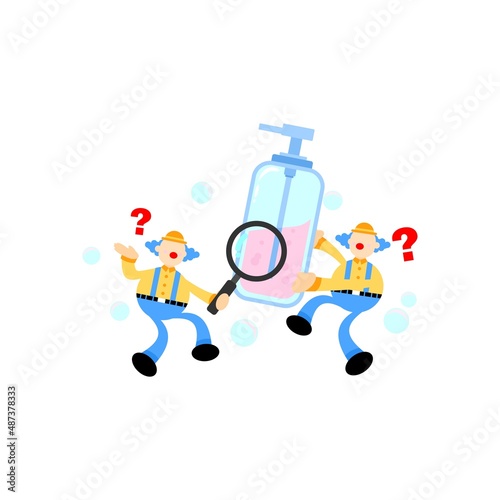 fun clown and soap sanitizer hygene cartoon flat design illustration