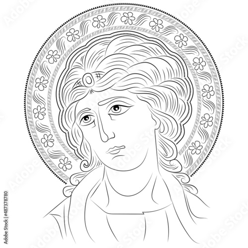 byzantine icon archangel divine outline style art vector illustration with floral ornament decoration