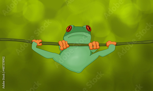 Little green frog on a narrow branch, green background 