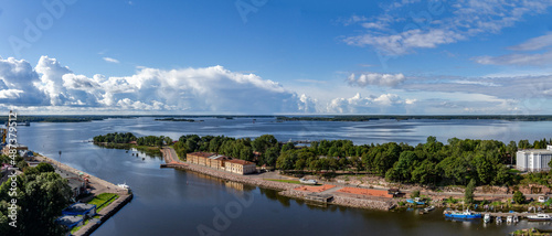 Panoramic view of Baltic sea near Vyborg town from the tower of St. Olaf Vyborg Castle, Russia. August