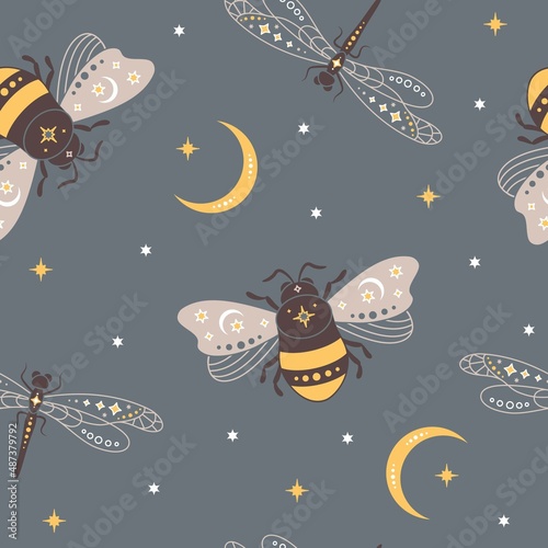 Magic bohemian seamless pattern with mystical bees and dragonflies. Celestial insects with moon and stars. Design for magic print, fabric, wallpaper, textile, magical decor.