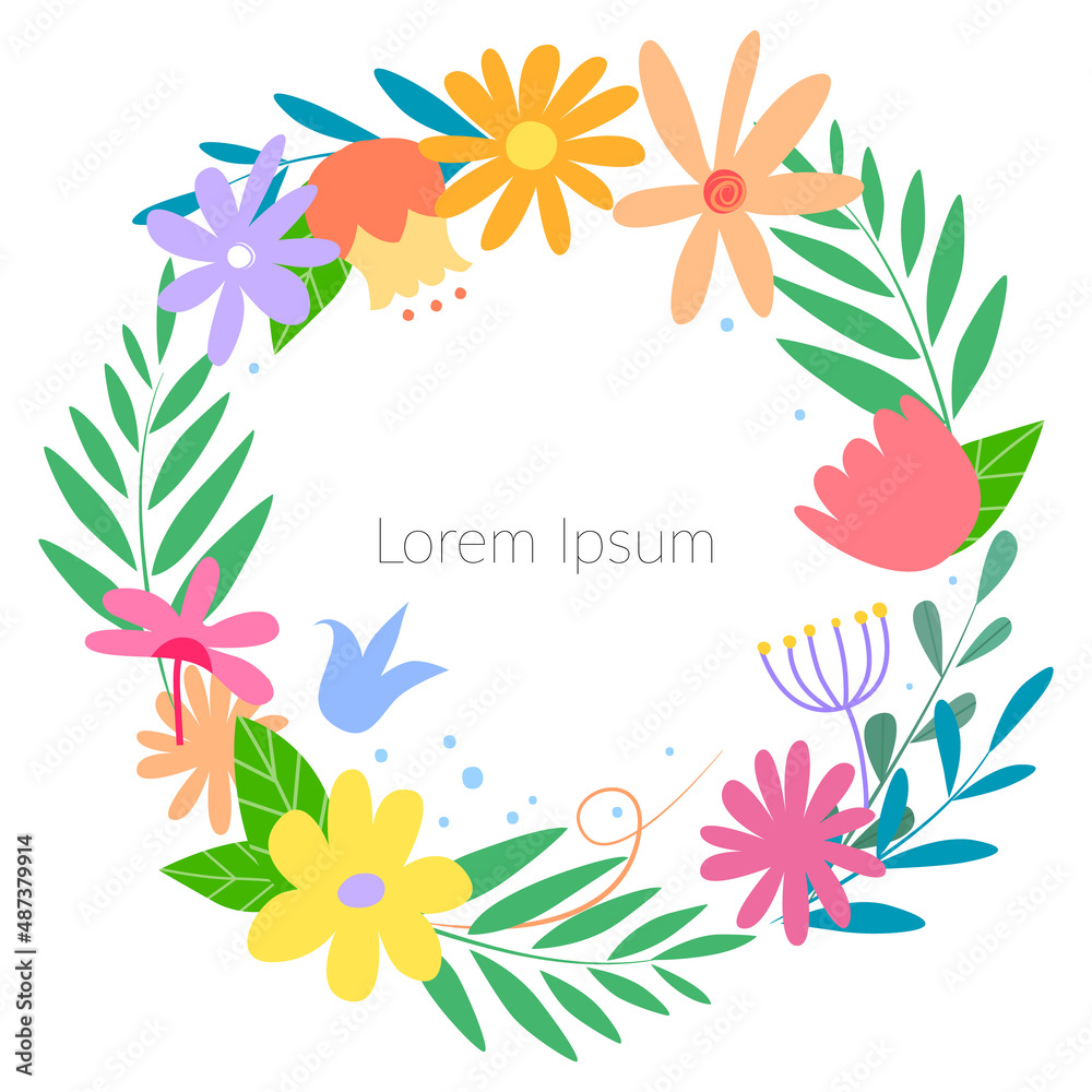 Round floral frame, bright abstract flowers. Poster, template