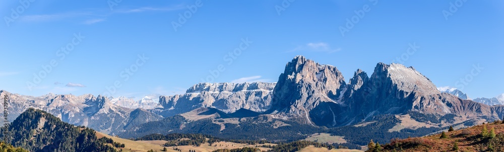 Panorama of Langkofel Group mountains (Sassolungo and Sassopiatto) view from Seiser Alm plateau