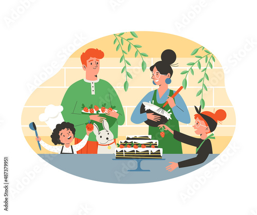 Family with children baking cake at home, flat vector illustration isolated.