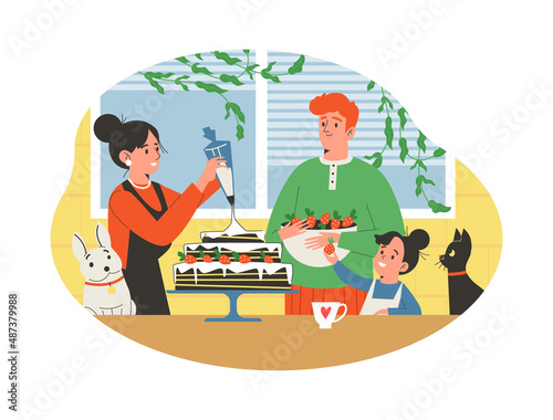 Family with child decorating big cake, flat vector illustration isolated.