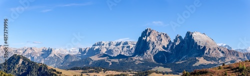 Panorama of Langkofel Group mountains (Sassolungo and Sassopiatto) view from Seiser Alm plateau