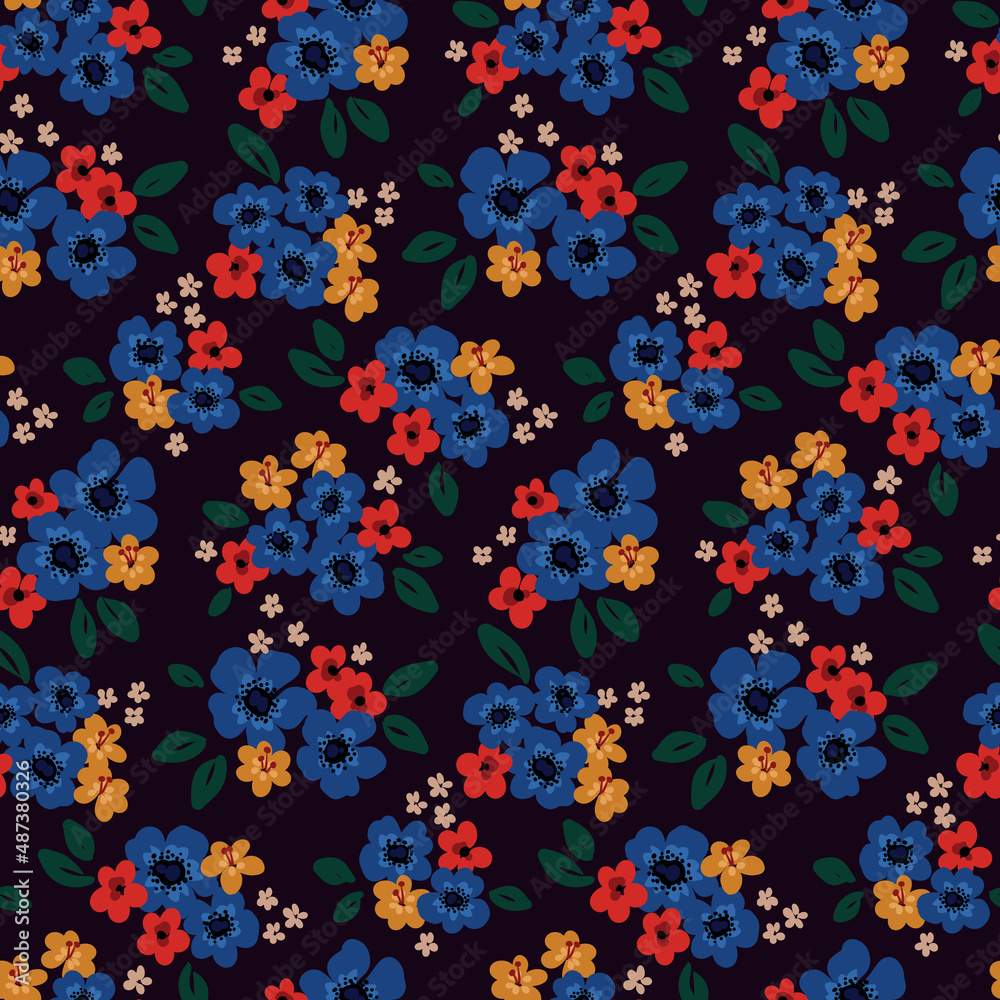 Seamless pattern with bouquets of small flowers, leaves. Liberty floral print with various painted flowers, leaves on a dark background. Vector illustration.