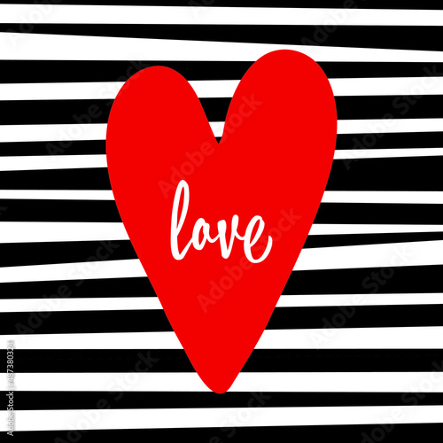 A red heart in the middle of the background. Black and white striped background. Background of horizontal stripes. A Valentine's day card.