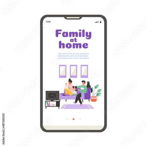 Family at home recreation onboarding page mockup, flat vector illustration.