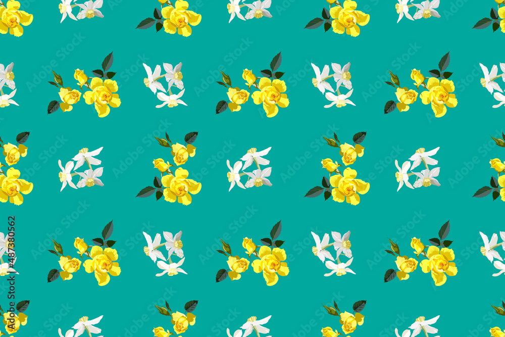 Seamless floral pattern yellow roses and rose buds with white daffodils on emerald background for fabric design, vector illustration