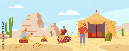 Vacation in desert camp with travelers in campsite, flat vector illustration.