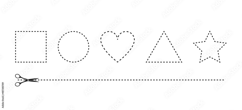 Dark Scissors icon . Cut out dashed or dotted lines and scissors . Different shapes dotted line . Scissors and coupon . Dark Scissors icon . Cut out dashed or dotted lines and scissors . Different shapes dotted line . Scissors and coupon .