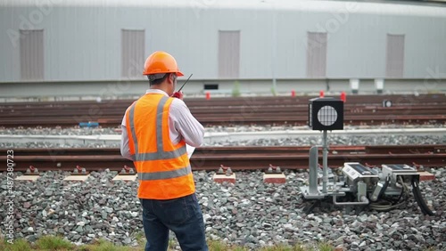 workers at work. engineer  on railway.	