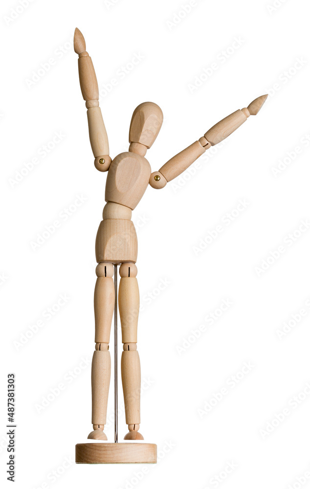 wooden man winner raised his hands up, on white background wooden man winner raised his hands up, on white background