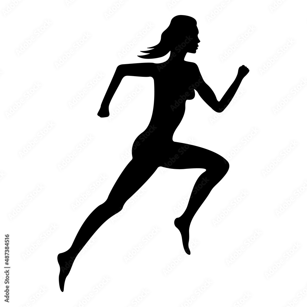 Running woman silhouette side view isolated white background