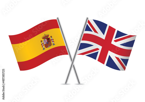 Spain and United Kingdom crossed flags. Spanish and British flags isolated on white background. Vector icon set. Vector illustration.