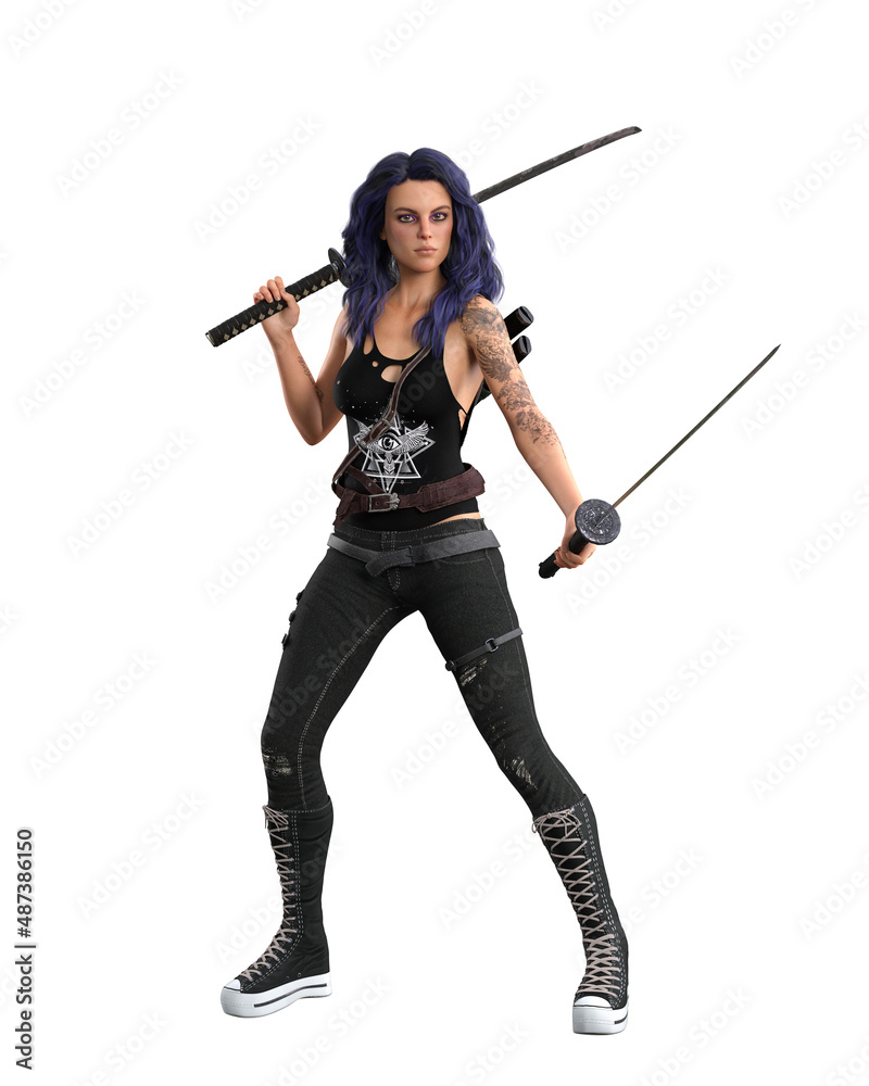Beautiful urban fantasy woman with purple hair and black goth style outfit posomg with a sword in each hand. 3D illustration isolated on white background. Beautiful urban fantasy woman with purple hair and black goth style outfit posomg with a sword in each hand. 3D illustration isolated on white background.