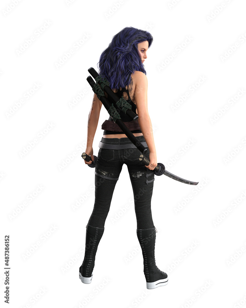 Young goth urban fantasy woman with purple hair standing facing away with swords in hands. 3D rendering isolated on white background. Young goth urban fantasy woman with purple hair standing facing away with swords in hands. 3D rendering isolated on white background.