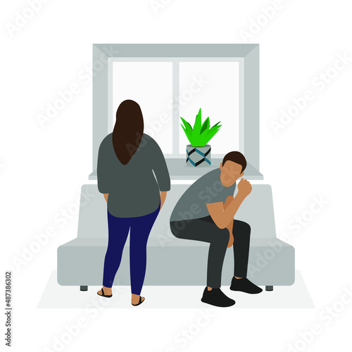 Fat female character stands near the sofa and looks out the window, and the male character is sitting on the sofa