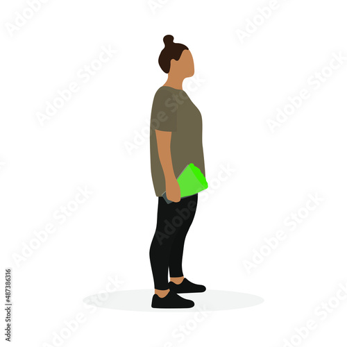 A fat female character with a salad in her hand stands on a white background