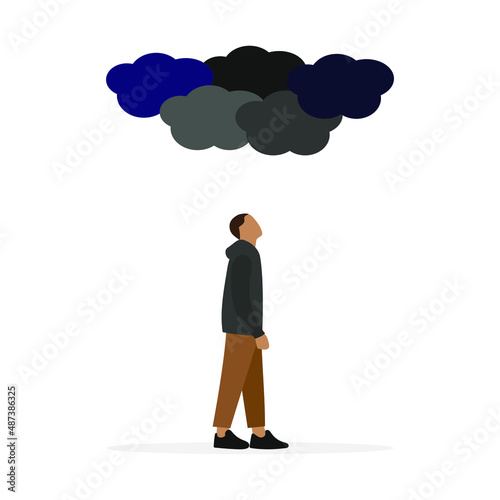Male character looks at the clouds above his head on a white background