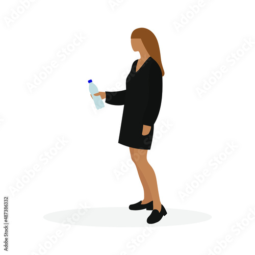A female character with a bottle of water in her hand stands on a white background