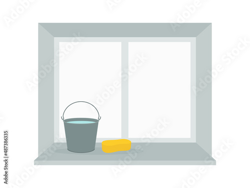 Bucket with water and sponge on windowsill on white background