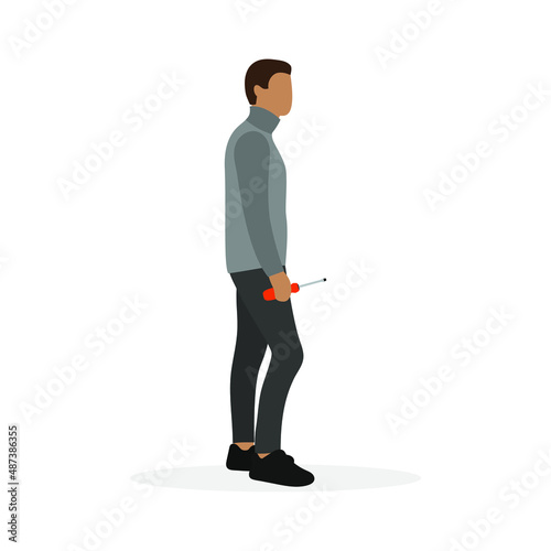Male character with a screwdriver in his hand stands on a white background
