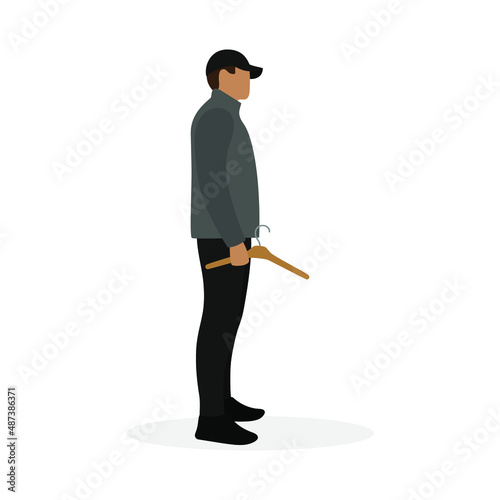 A male character with a hanger in his hand stands on a white background
