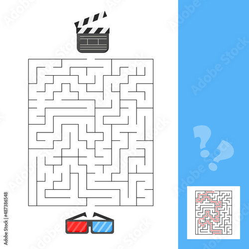 3d glasses and movie clapperboard maze game for kids. Connect elements by finding right way. Game for kids with solution