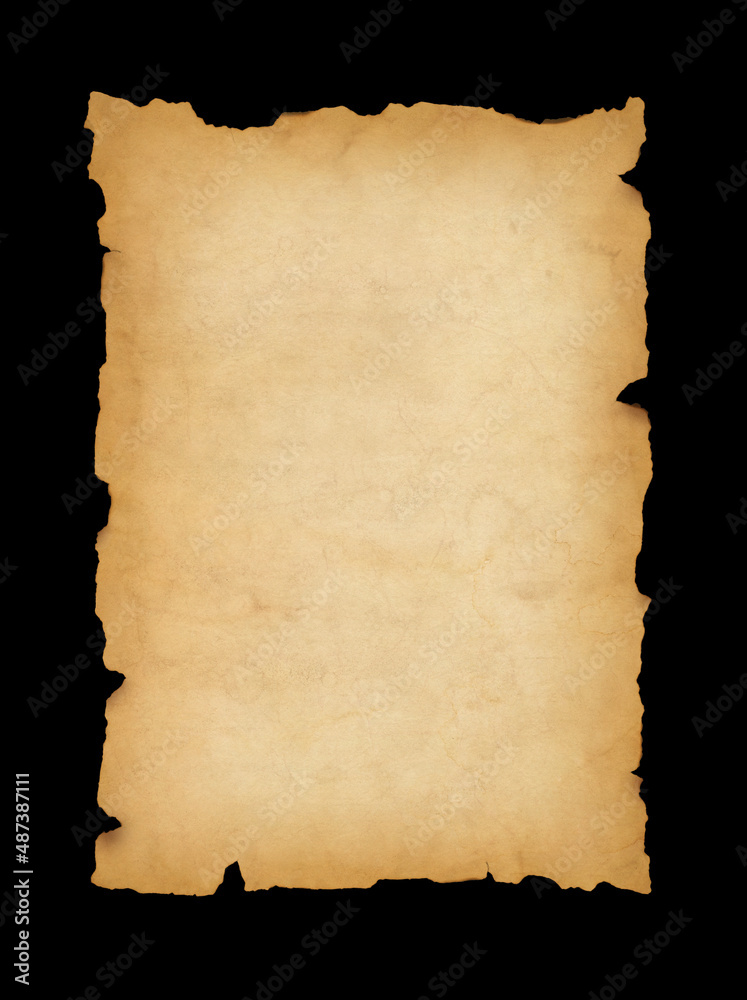 Old mediaeval paper sheet. Parchment scroll isolated on black