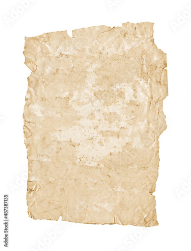 Old grunge paper sheet. Parchment isolated on white