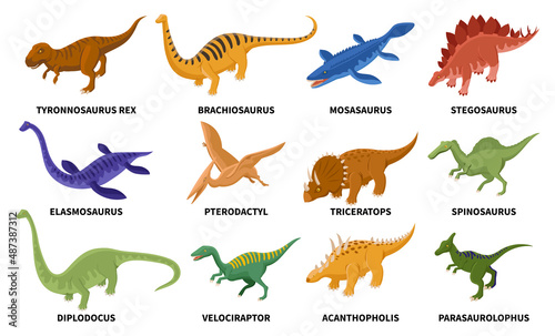 Fototapeta Naklejka Na Ścianę i Meble -  Isometric Colored Dinosaurs Set