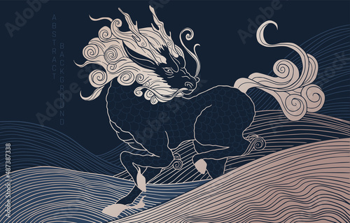 mythological creature - qilin, blue and gold colours, simple wave pattern	