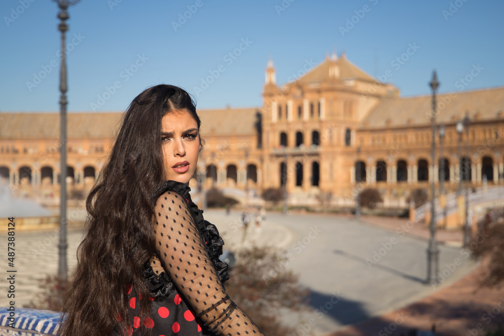 Fototapeta premium Portrait of young, beautiful and flamenco woman, Hispanic and brunette, with typical dance suit, with loose hair. Concept of flamenco, dancer, typical Spanish dance.