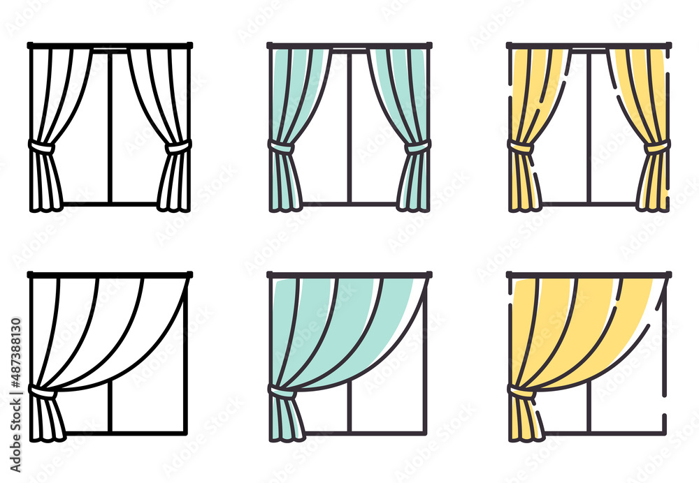 シンプルな線のかわいい窓 両開きと片開きのカーテン イラスト素材セット Stock Vector Adobe Stock