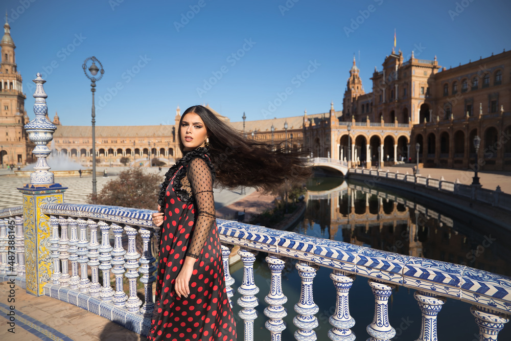 Portrait of young, beautiful and flamenco woman, Hispanic and brunette, with typical dance suit, turning with her hair loose in the wind. Concept of flamenco, dancer, fashion, hair style.