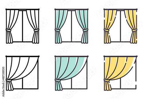 シンプルな線のかわいい窓_両開きと片開きのカーテン_イラスト素材セット