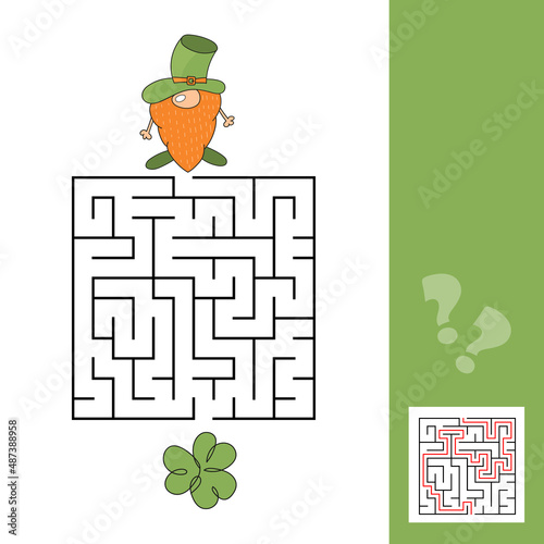 Square maze. Game for kids. Leprechaun and clover. Puzzle for children. Labyrinth conundrum with answer. Color vector illustration