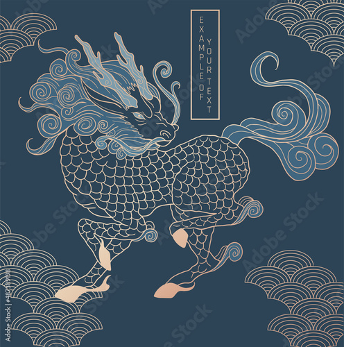 mythological creature - qilin, blue and gold colours, simple wave pattern 