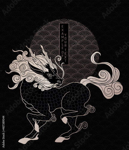 mythological creature - qilin, black and gold colours, simple wave pattern and circle form