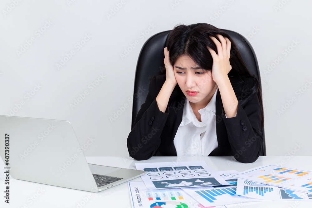 Bored work, office syndrome, Asian business woman sit at desk in office. Bored work, office syndrome, Asian business woman sit at desk in office.