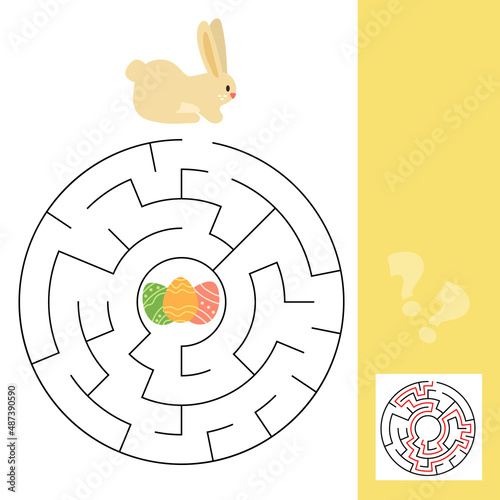 Help little bunny find path to Easter egg. Labyrinth with answer. Maze game for kids. A board game with a rabbit. Easter.
