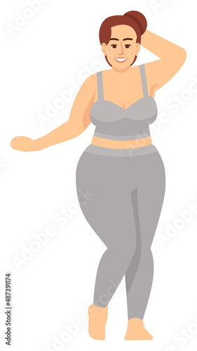 Curvy female model posing in sportswear semi flat RGB color vector illustration. Self-acceptance. Person promoting body positivity approach isolated cartoon character on white background