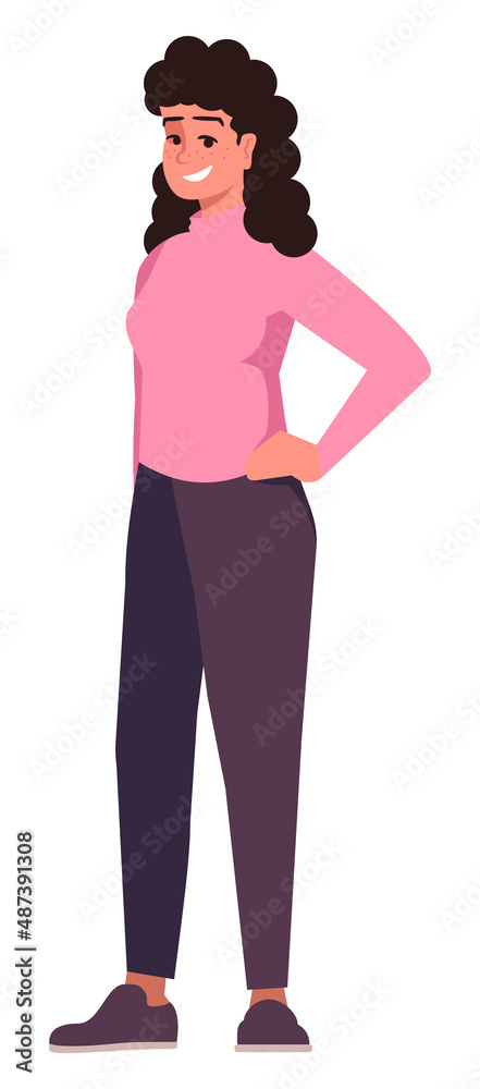 Confident woman with big smile semi flat RGB color vector illustration. Posing figure. Self-acceptance. Person promoting body positivity approach isolated cartoon character on white background Confident woman with big smile semi flat RGB color vector illustration. Posing figure. Self-acceptance. Person promoting body positivity approach isolated cartoon character on white background