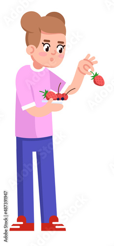 Excited little girl holding strawberry semi flat RGB color vector illustration. Standing figure. Person participating in cooking class for kid isolated cartoon character on white background